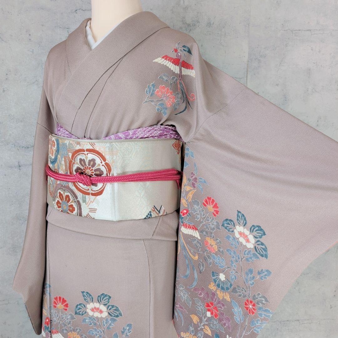 訪問着　フルセット　着物　正絹　花　鳥　カラフル　トールサイズ　おしゃれ　F4