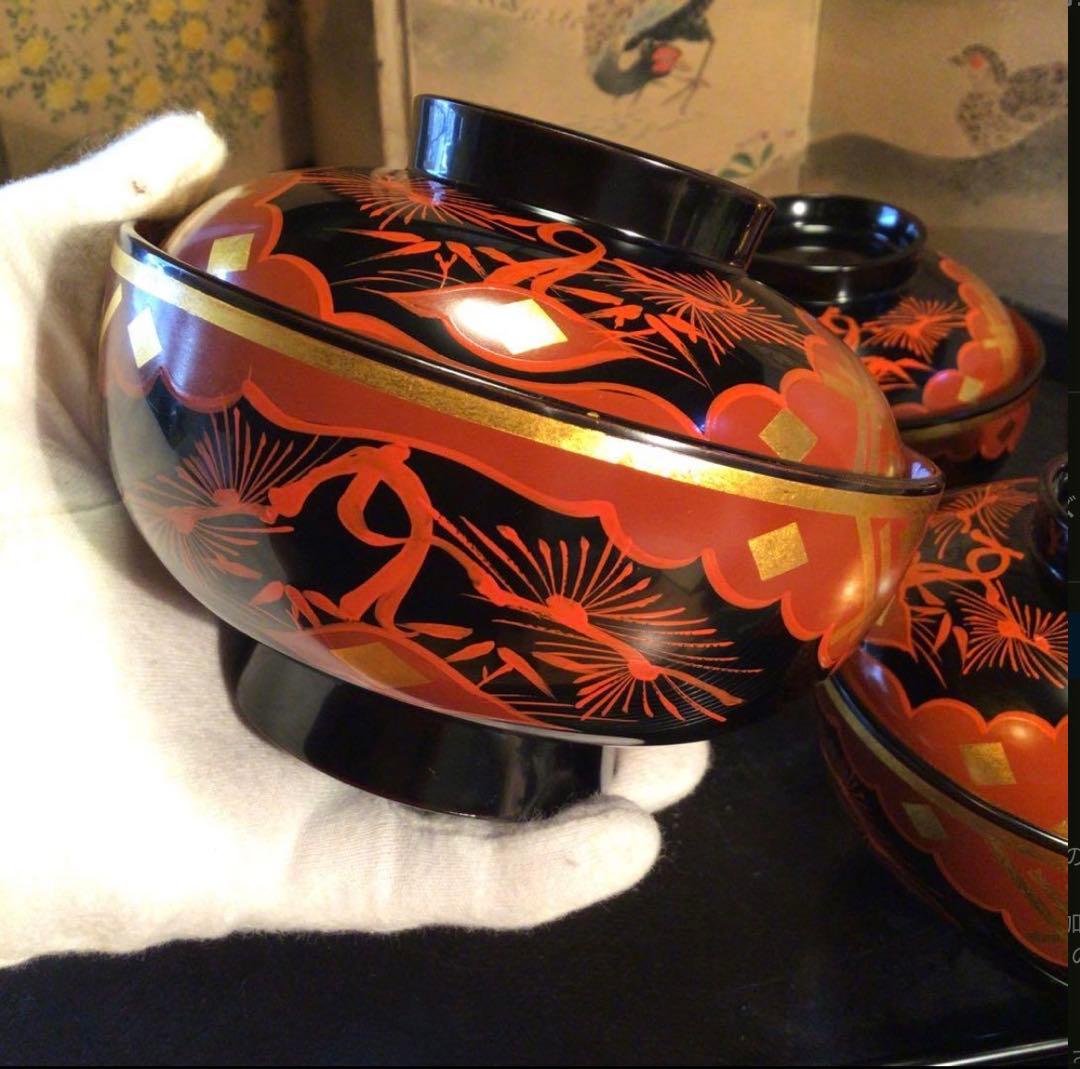 A1062 木製漆器　懐石道具　秀衡塗　椀　（丸三漆器）5客箸　5膳　揃え