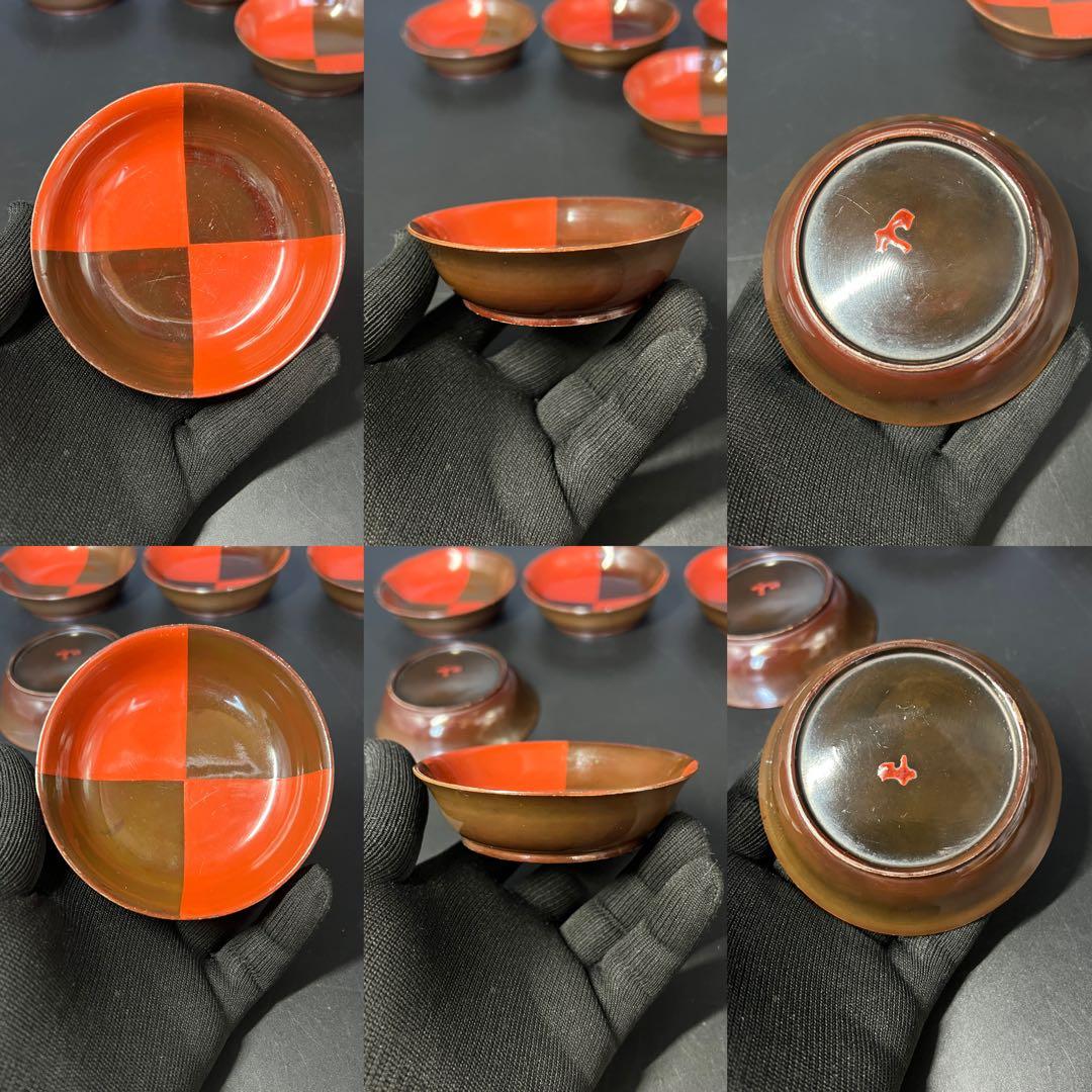 江戸後期 朱黒市松文 片身替 菓子皿 五客揃い 数寄者好み 漆皿 漆器 茶道具