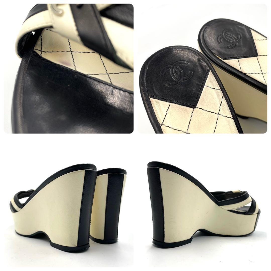 《超美品》シャネル 厚底 サンダル ココマーク マトラッセ バイカラー 白黒系
