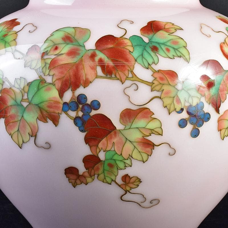 AAA安藤七宝店純銀刻印　桜釉　葡萄文瓶　唐木台・木箱付　H　R8810B