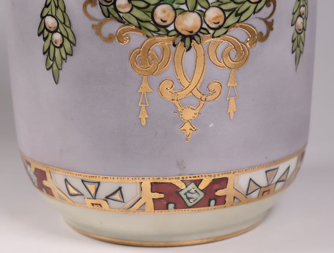 【CM318】オールドノリタケ パネル風景 耳付 花瓶 金彩 金盛 明治