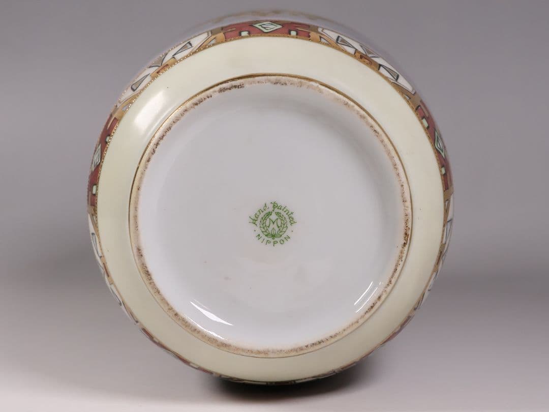 【CM318】オールドノリタケ パネル風景 耳付 花瓶 金彩 金盛 明治