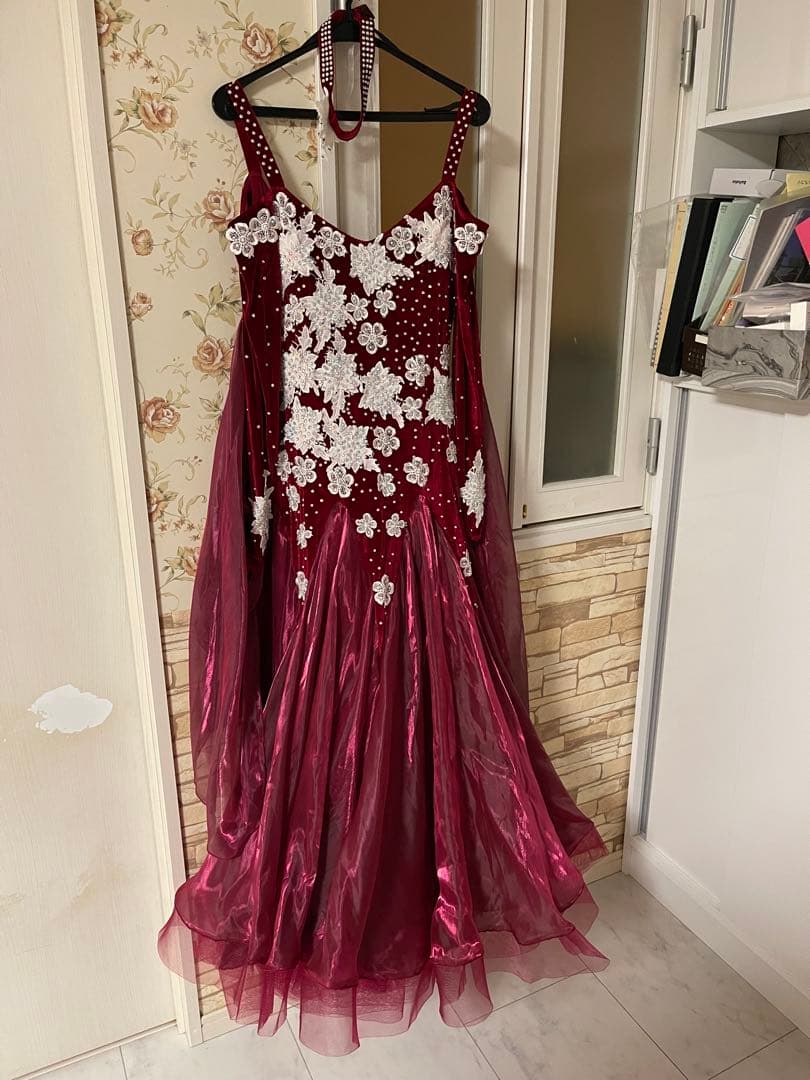 ワインレッド フレアドレス 社交ダンス衣装