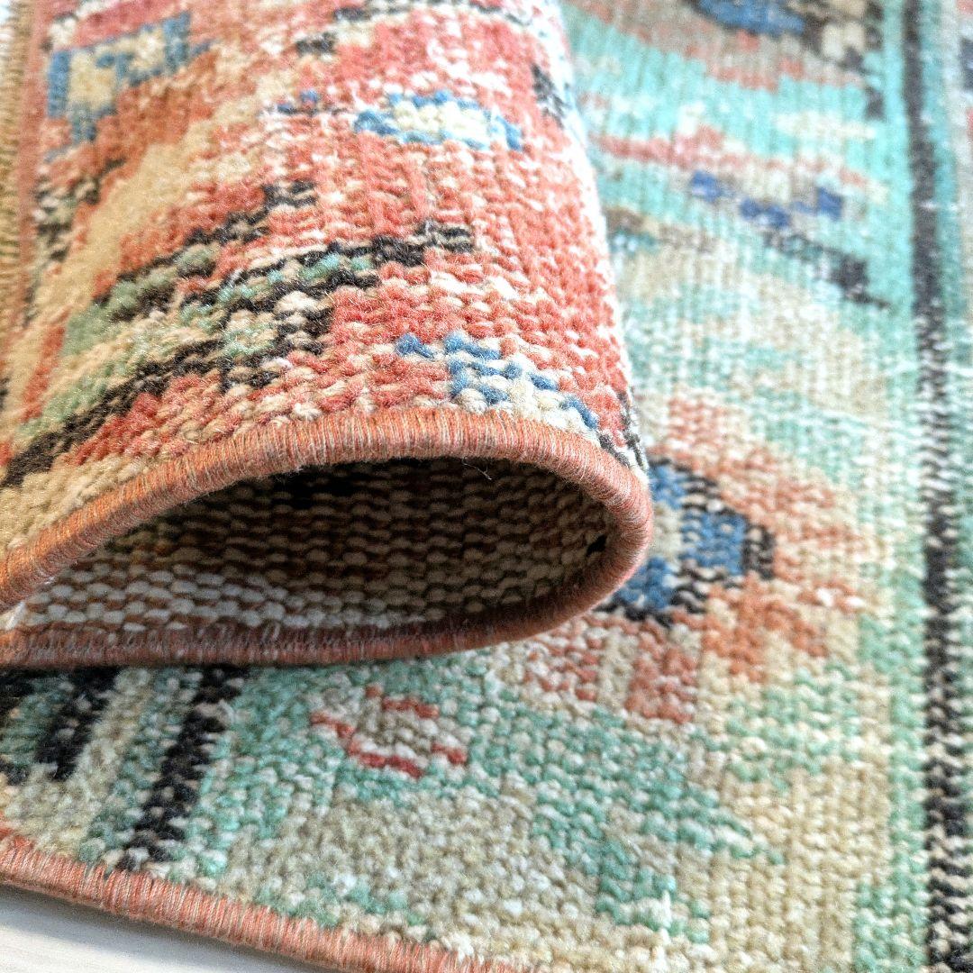 50×91 ラコッタオレンジ×トルコブルー　トルコヴィンテージラグ　ミニサイズ