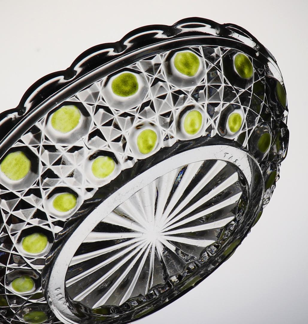 オールド・バカラ 上級作品 黄緑色被せ エナメル彩 金彩 切子 小皿 ディアマン