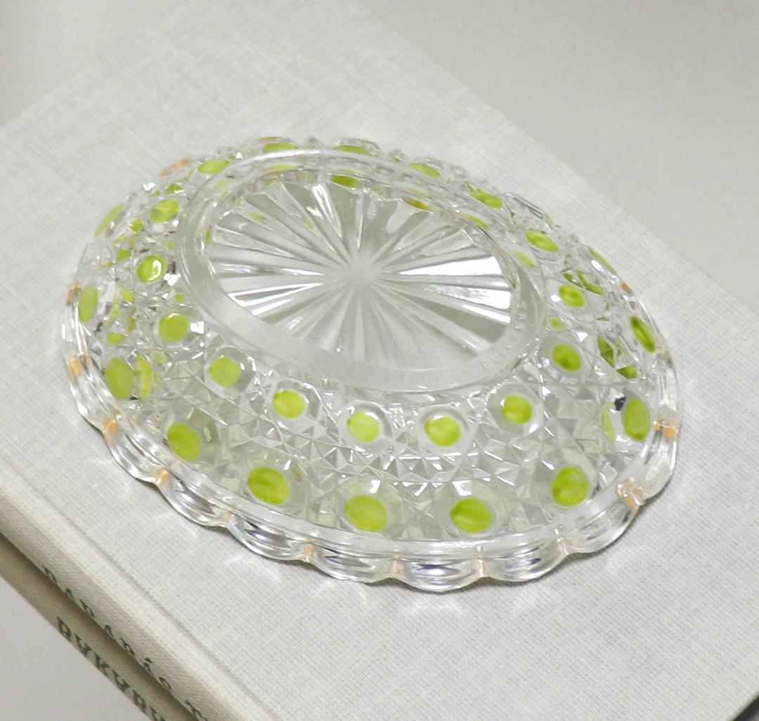 オールド・バカラ 上級作品 黄緑色被せ エナメル彩 金彩 切子 小皿 ディアマン