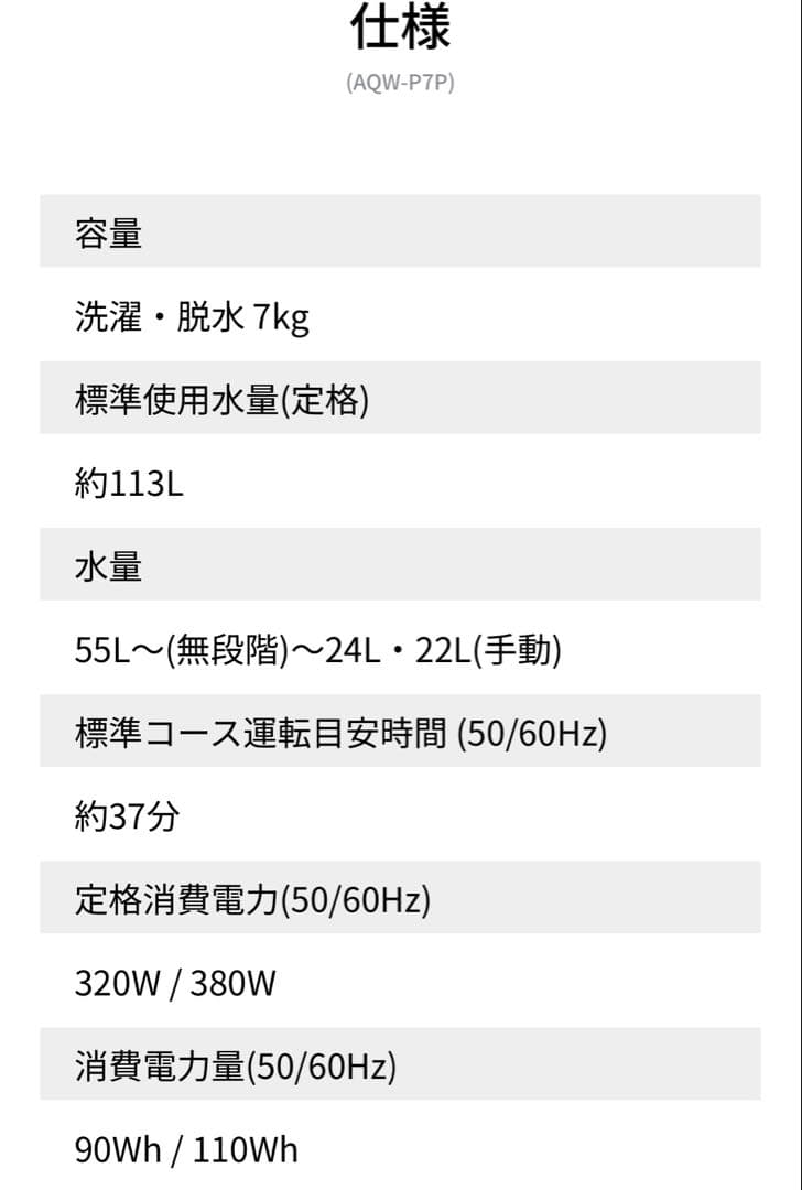 全自動洗濯機　AQUA AQW-P7P 7kg 2024年製