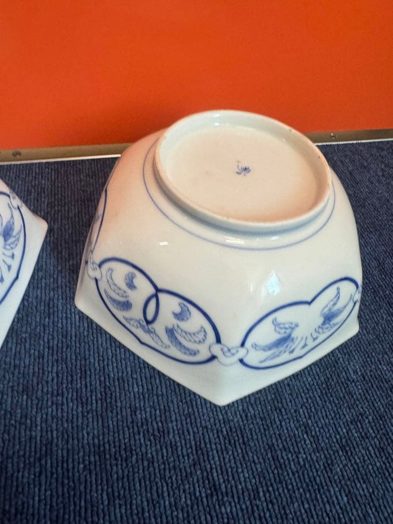 1885 香蘭社　染付鳳凰文　六角深鉢　2客　時代物