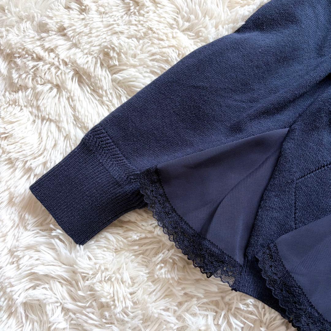 未使用 ミュベール 刺繍 アーガイル ニット レース カーディガン ネイビー