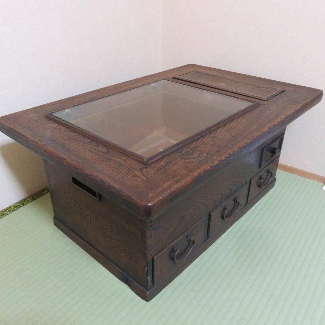 長火鉢 天板ガラス カスタム 蓋つき テーブル ディスプレイテーブル