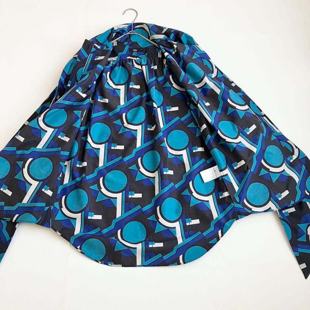 M fill ボウタイブラウス　幾何学模様　シャツ　比翼ボタン　青系