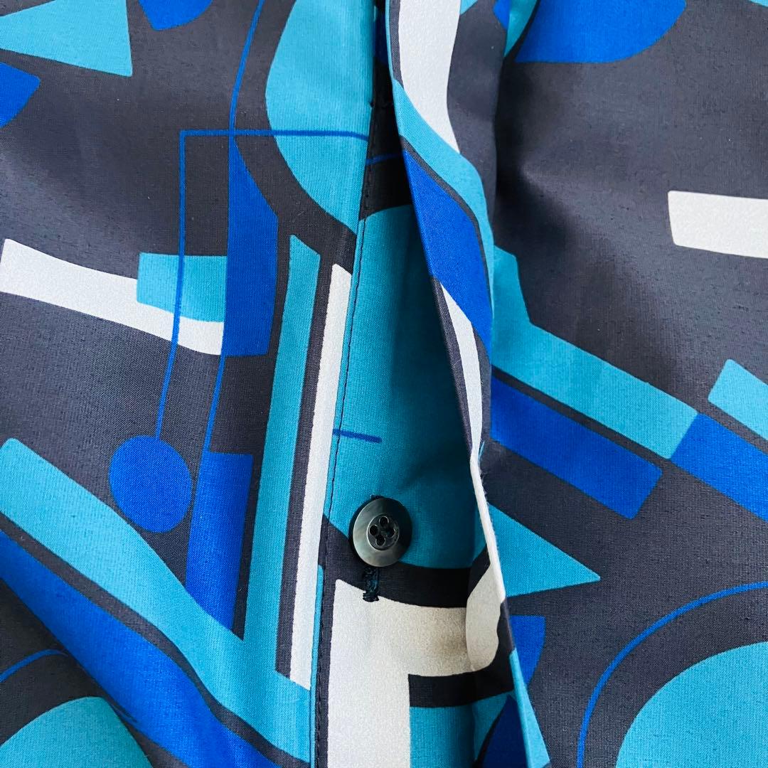 M fill ボウタイブラウス　幾何学模様　シャツ　比翼ボタン　青系