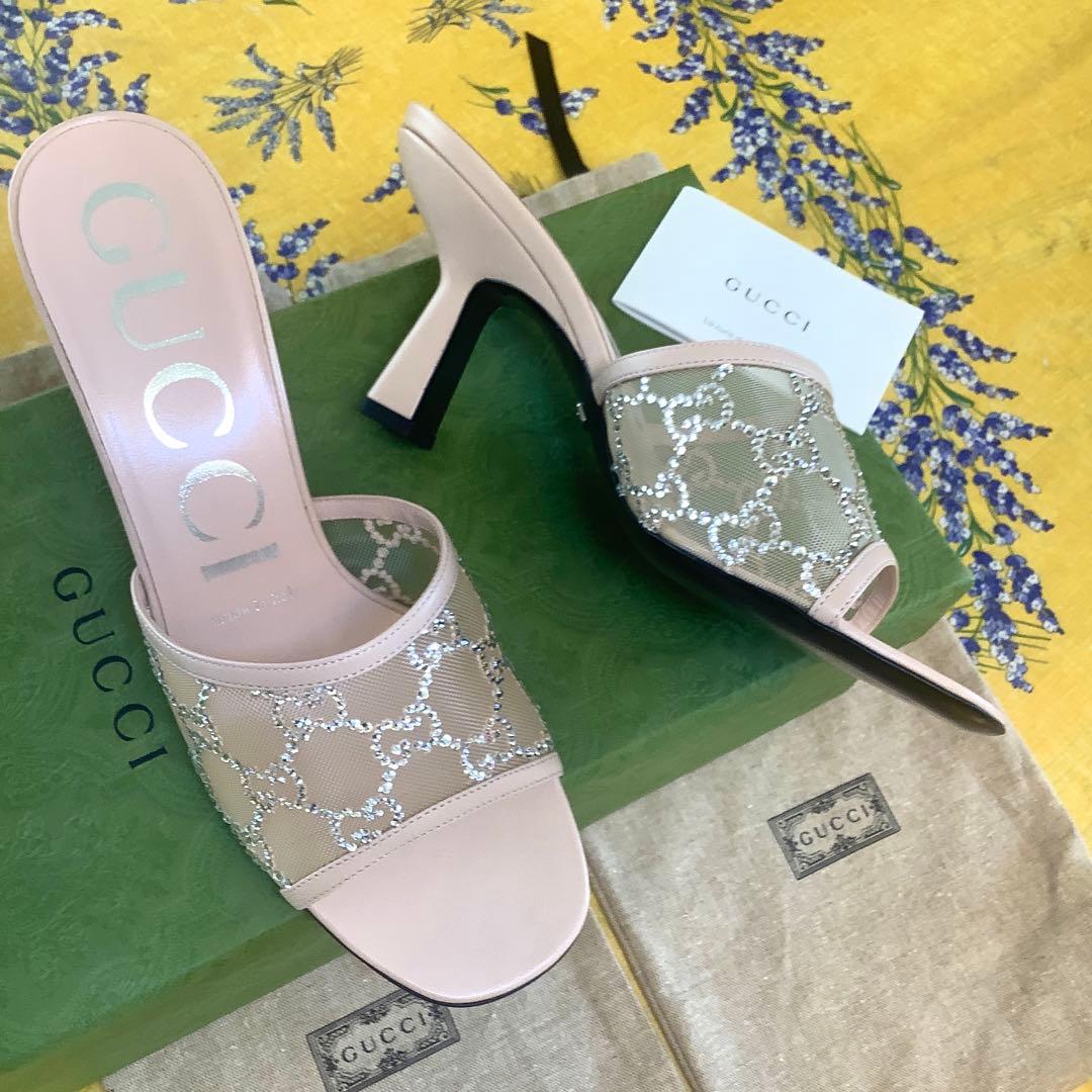 新品! グッチ ダイヤモンドカットクリスタルビジュー GGマーク サンダル24㎝