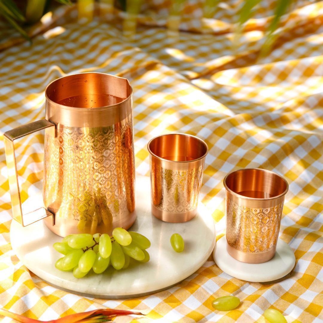 【高級】【純銅】 水差し ＋ グラス ×２ アーユルヴェーダ インド 職人手作り