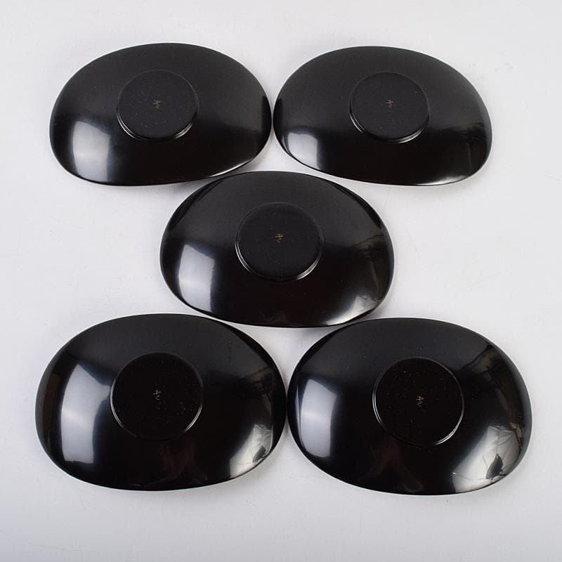 茶道具　輪島塗　三谷吾一作　花草沈金　楕円茶托　五客　共箱　M　R9469