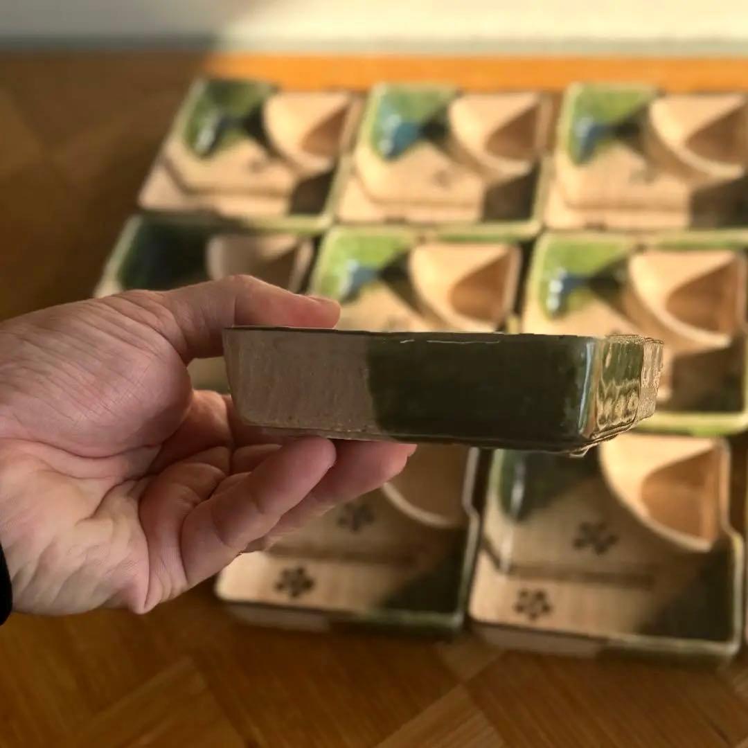 SNT1395 織部焼 伝統工芸品 脚付 変形角皿 向付け 12客 割烹 料亭