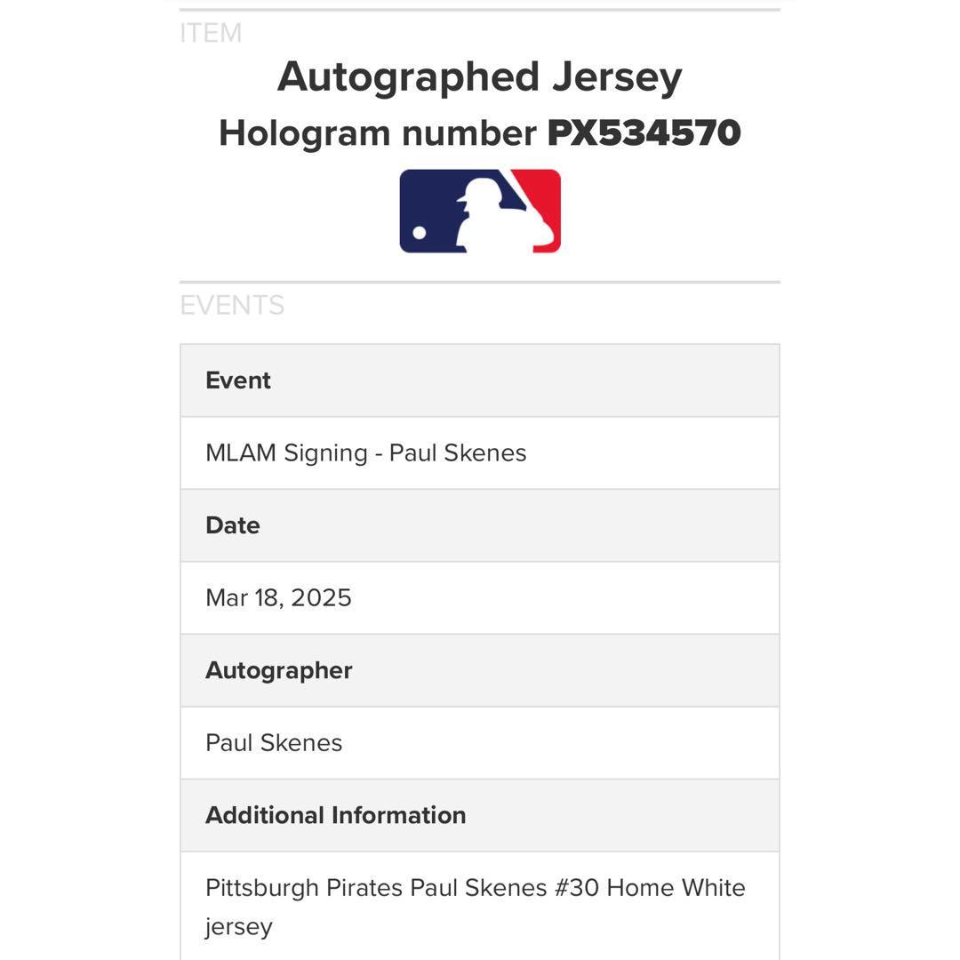 正規品 パイレーツ スキーンズ 直筆サイン ユニフォーム MLB ホログラム