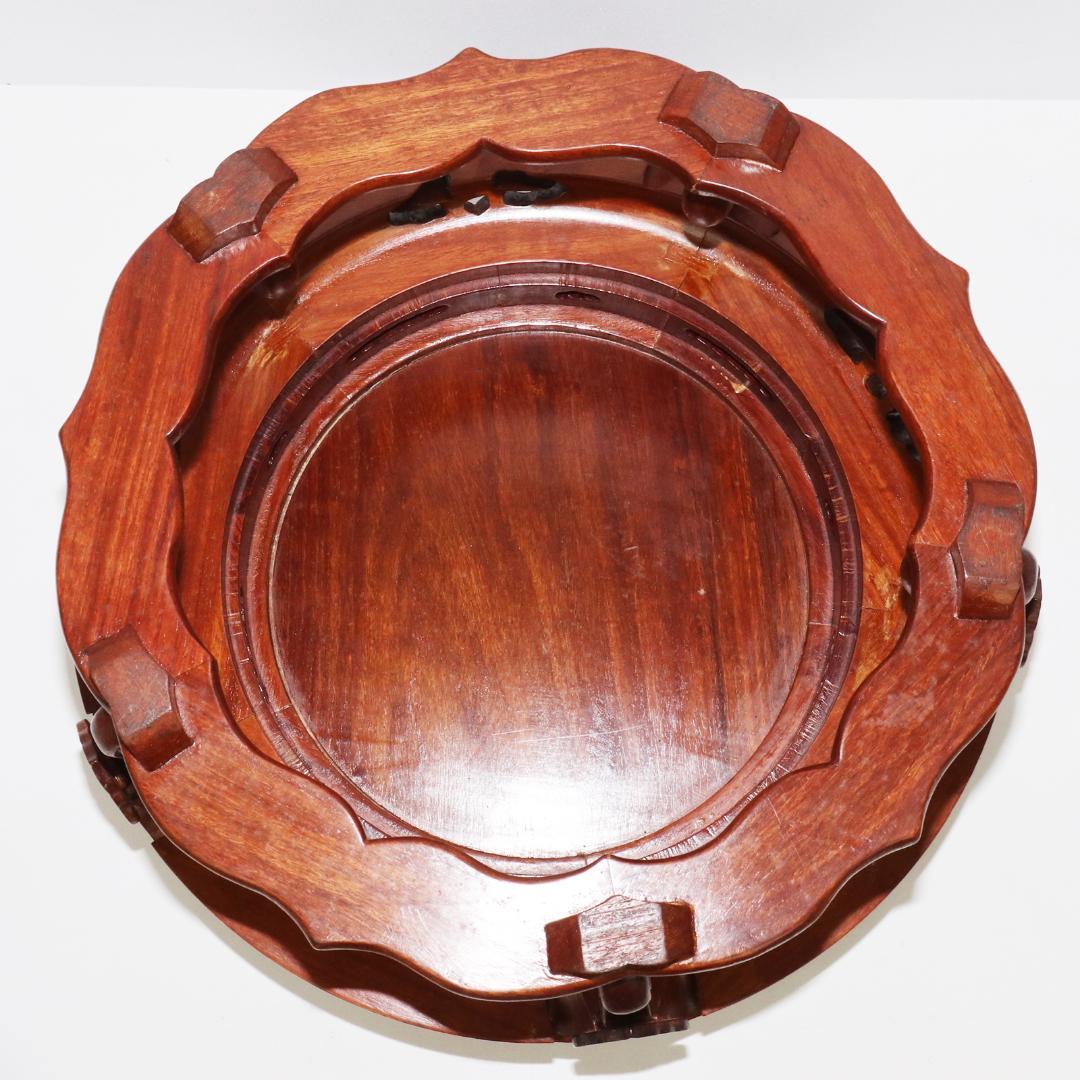 唐木　花台　盆栽台　透かし彫丸卓　卓