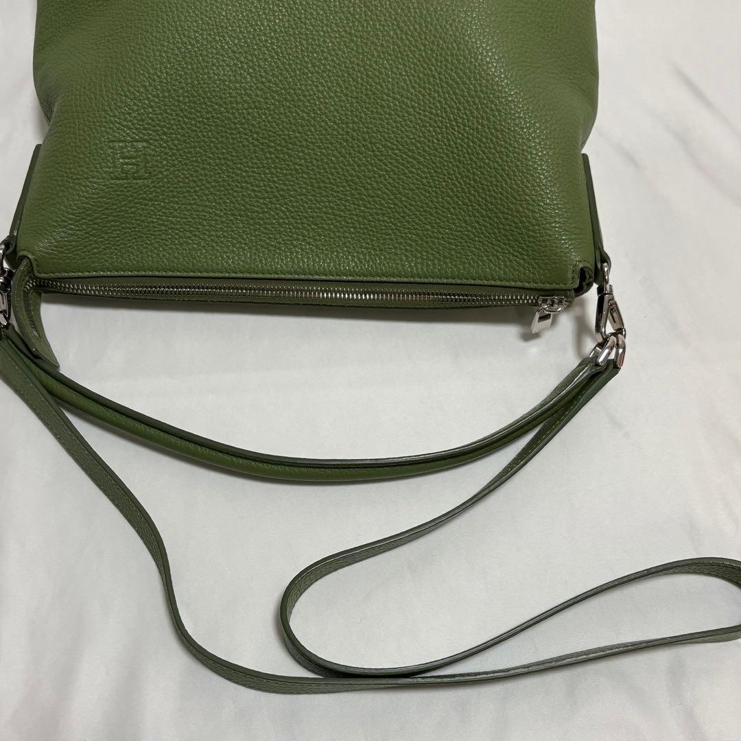 ヒロフ ミニマ 鹿革 ショルダーバック ロゴ 2way ライトグリーン 定12万