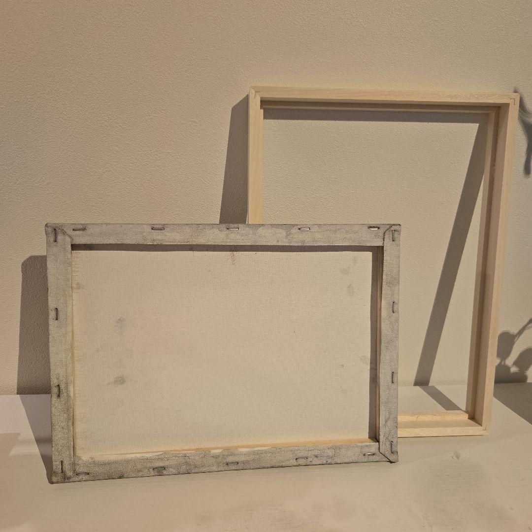 グレー ブルー ホワイト系抽象画 アクリル画 木製フレーム付き F4 サイズ