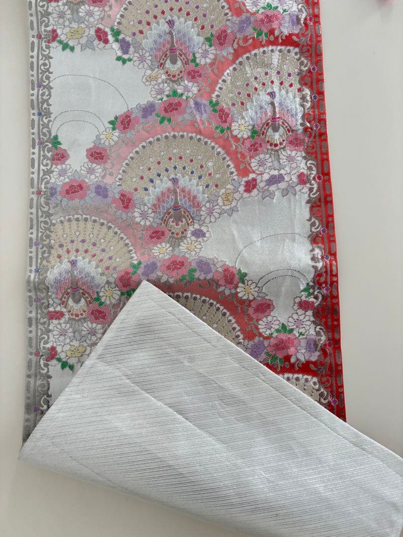 帯リメイク　孔雀と扇面柄　和モダン タペストリー＆クッションカバー 2点セット