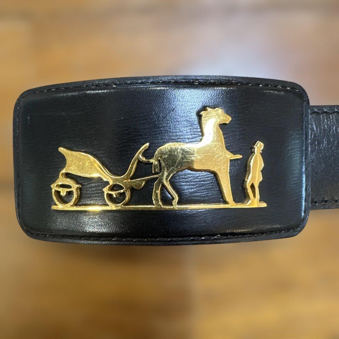 エルメス　HERMES 黒 レザーベルト 馬と人の金具付き　ヴィンテージ