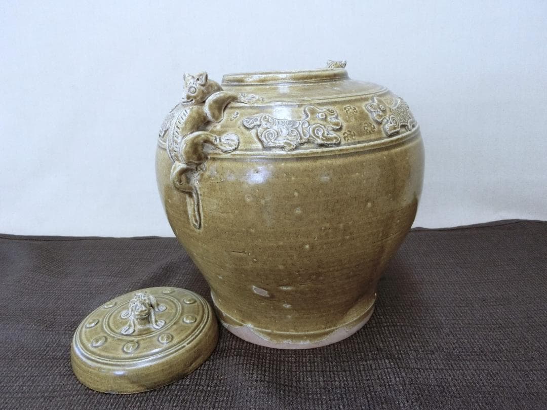 【緑釉壷　蓋付　双耳壷　獣高盛文様　中国・FK】◆古董 鑑賞陶磁器 インテリア