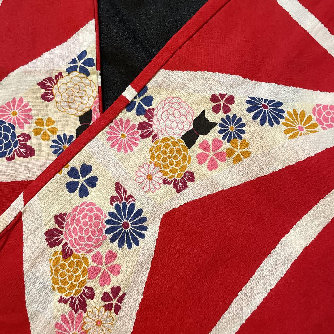 限定1☆浴衣 大正ロマン アンティーク 浴衣 麻の葉　猫 赤 白 黒猫