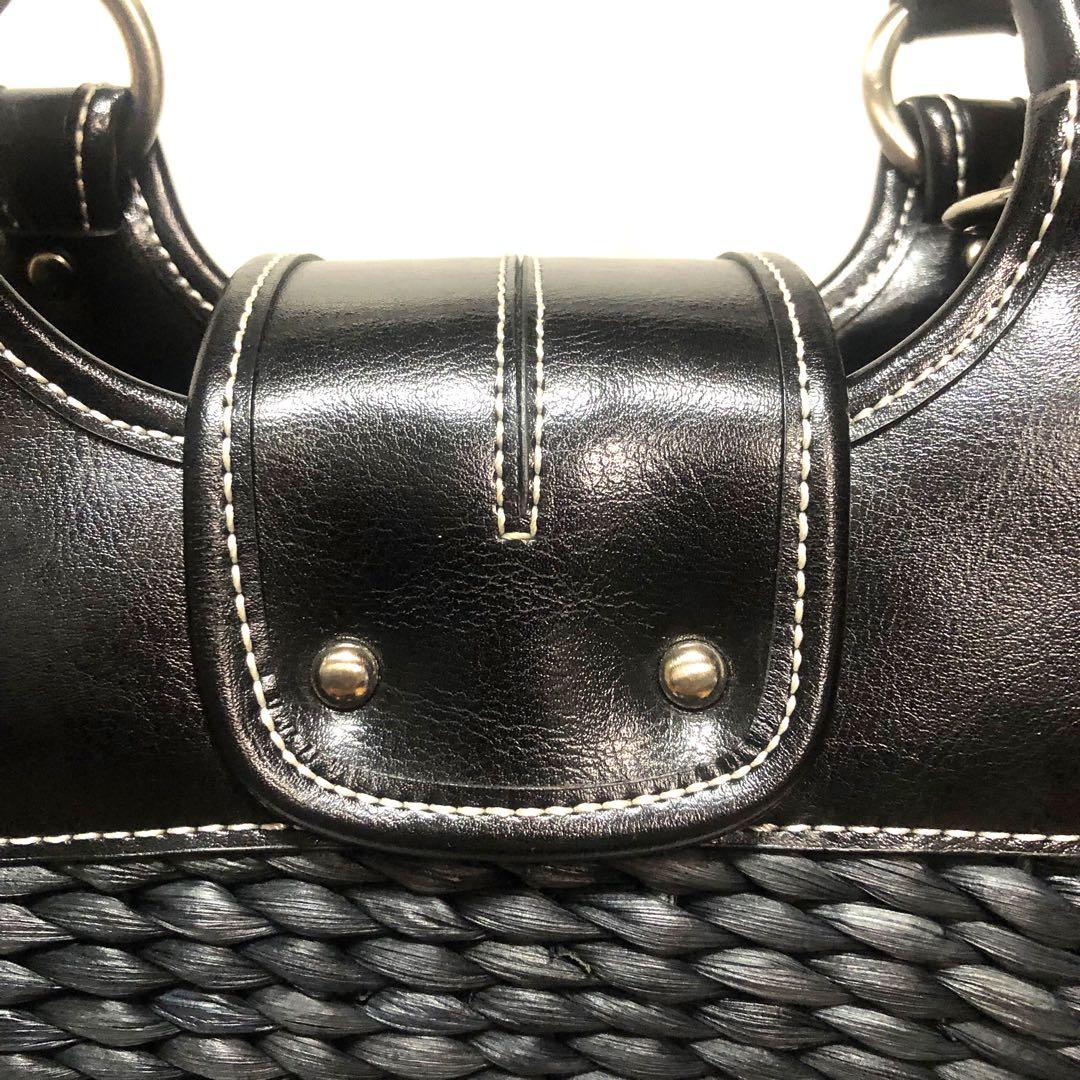【未使用級　皇室御用達】濱野 ハンドバッグ 籠バッグ レザー×編み込み ブラック