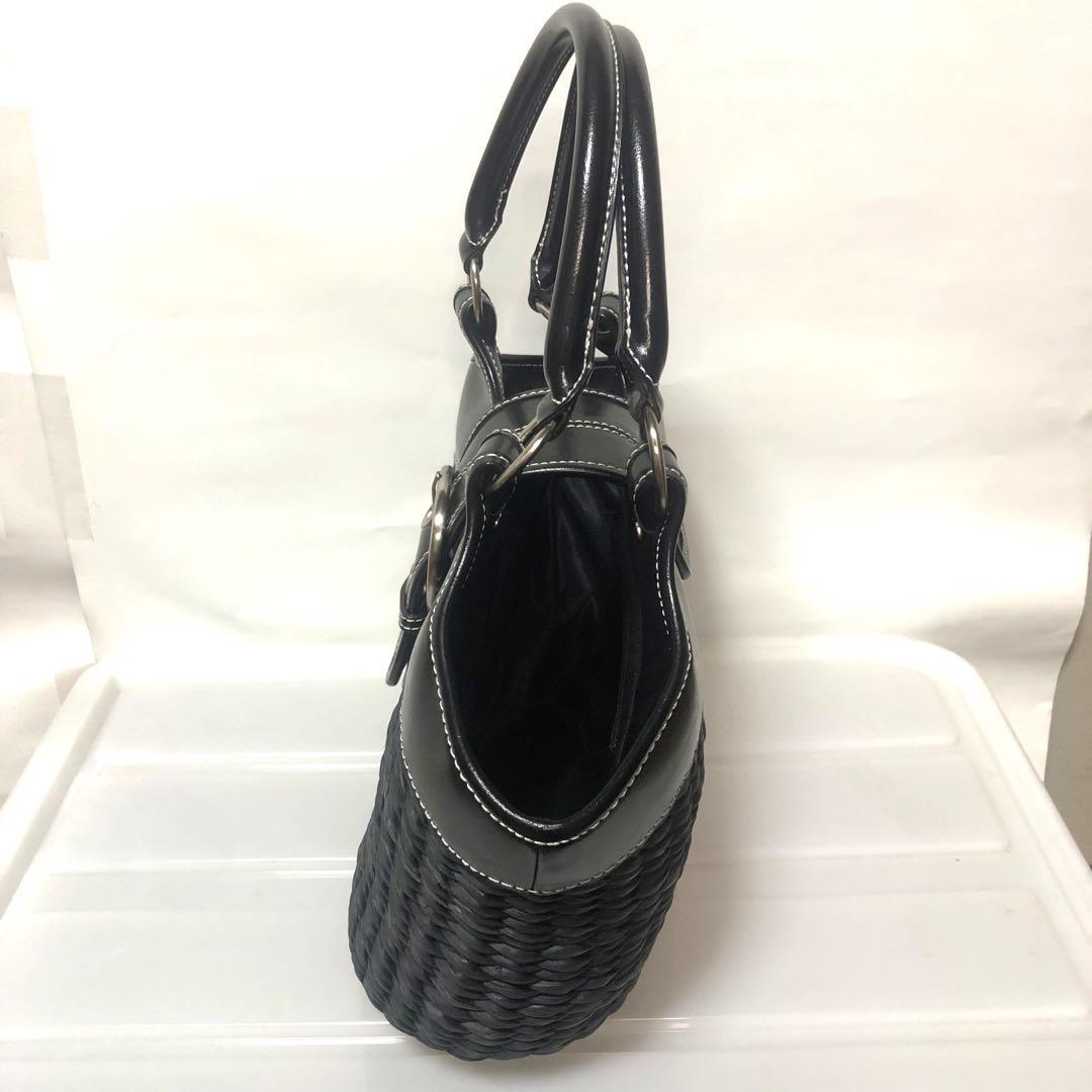 【未使用級　皇室御用達】濱野 ハンドバッグ 籠バッグ レザー×編み込み ブラック