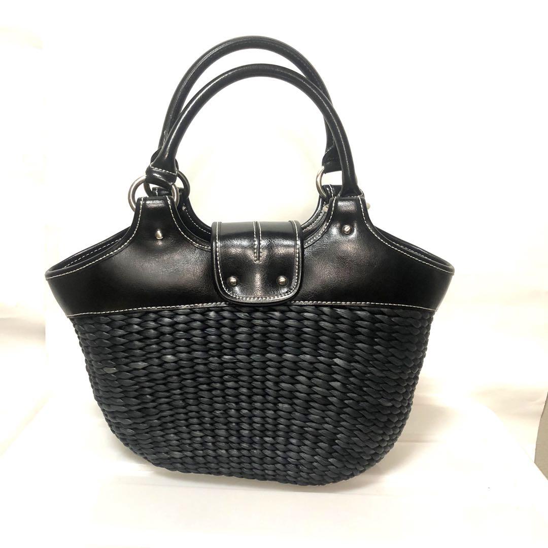 【未使用級　皇室御用達】濱野 ハンドバッグ 籠バッグ レザー×編み込み ブラック