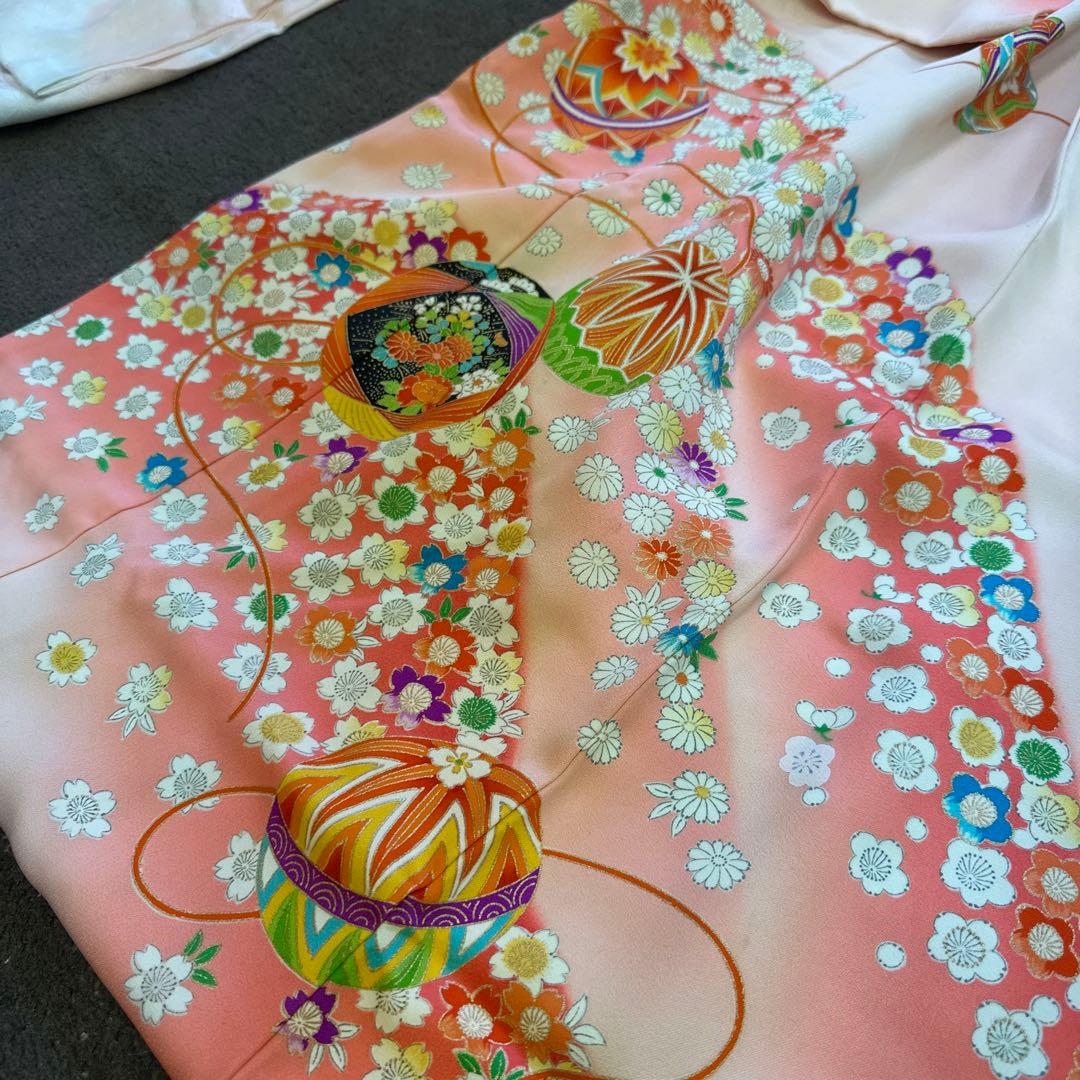 七五三用 女児着物 正絹　アンティークピンク 花柄　長襦袢　全通帯付き　7歳