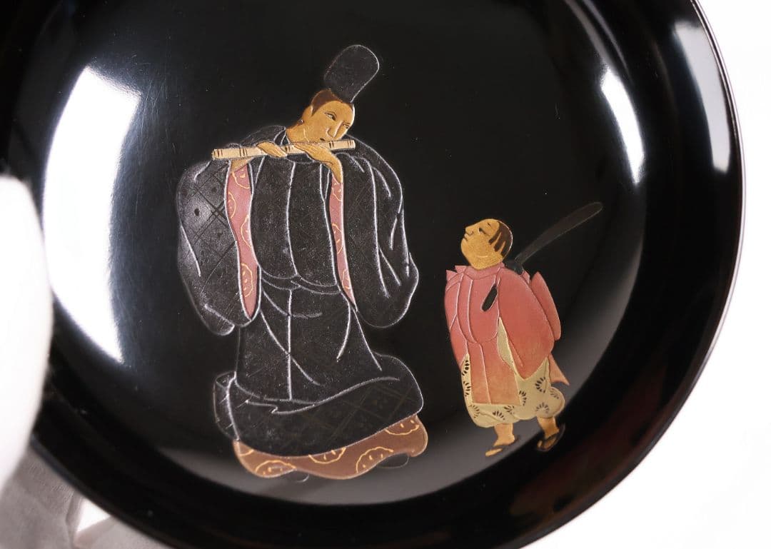 【MB196】輪島塗 天然木漆塗 黒塗椀 三客 蒔絵 大和絵 源氏絵 人物 昭和