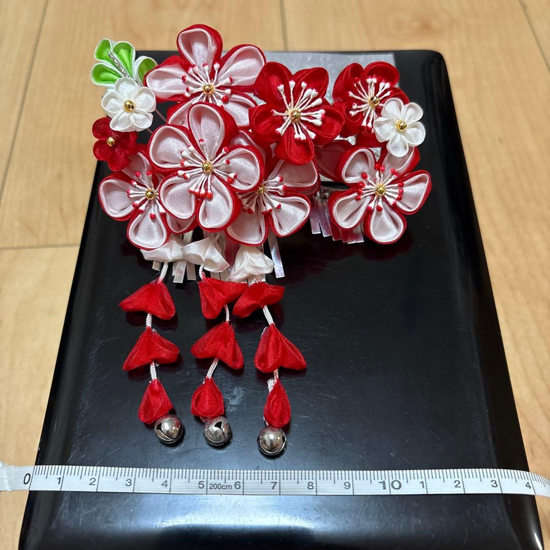 122 正絹着物　赤×蝶々×花車　七五三着物セット　3歳　日本製　結び帯