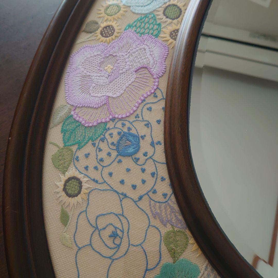 フランス雑貨　鏡　花　刺繍　レース　大型ミラー　木製フレーム　オーバル型