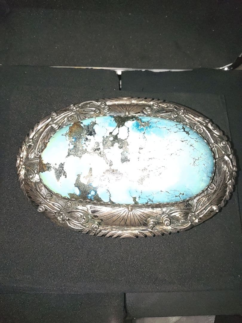 古美術品1800年代Navajoターコイズ.シルバー彫金バックル