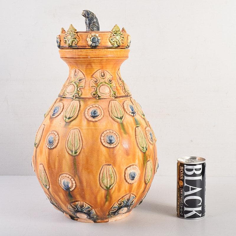 中国　唐三彩　蓋壷　飾壷　C　R8539H