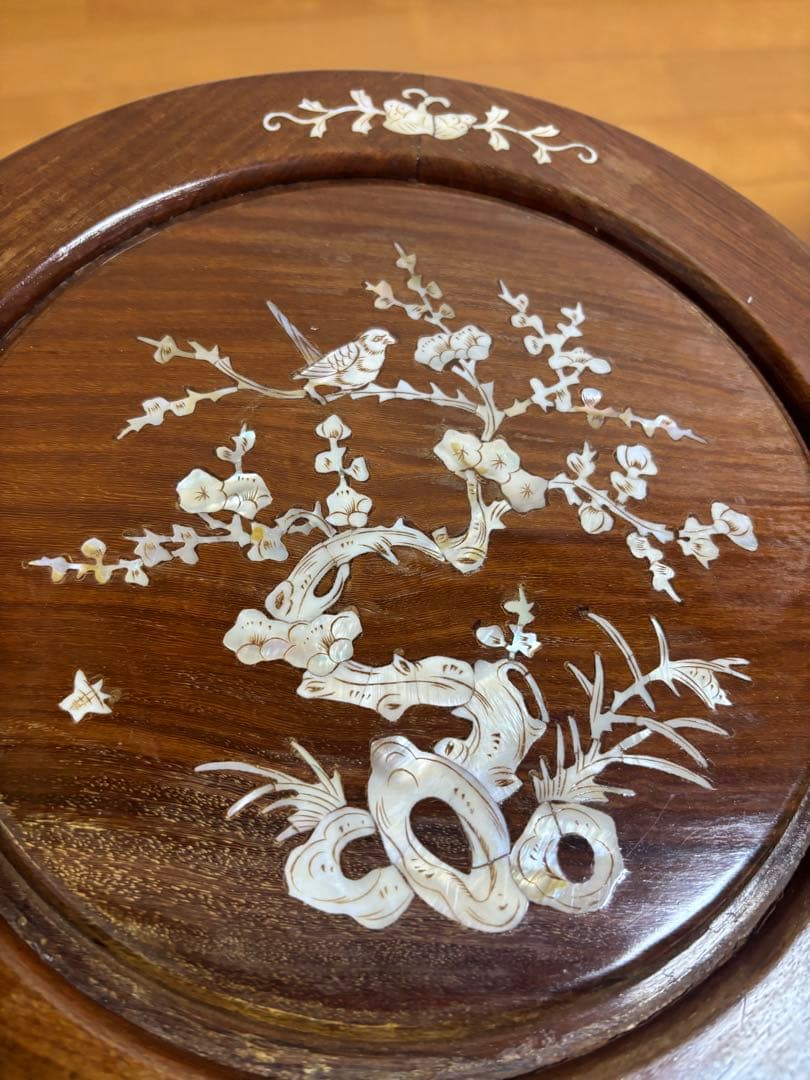 【美品】花梨 螺鈿細工 丸椅子 スツール 腰掛け 中国美術 工芸品 レトロ