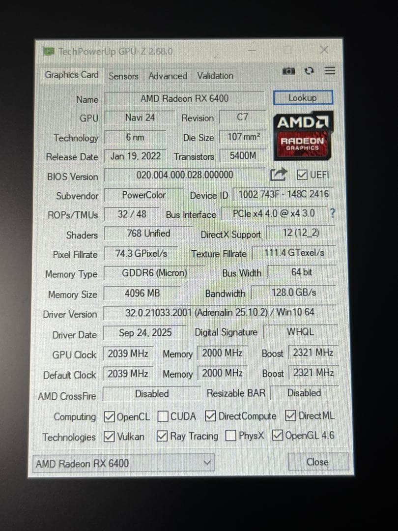 グラフィックボード・グラボ・ビデオカード PowerColor AMD Radeon RX 6400 ITX 4G