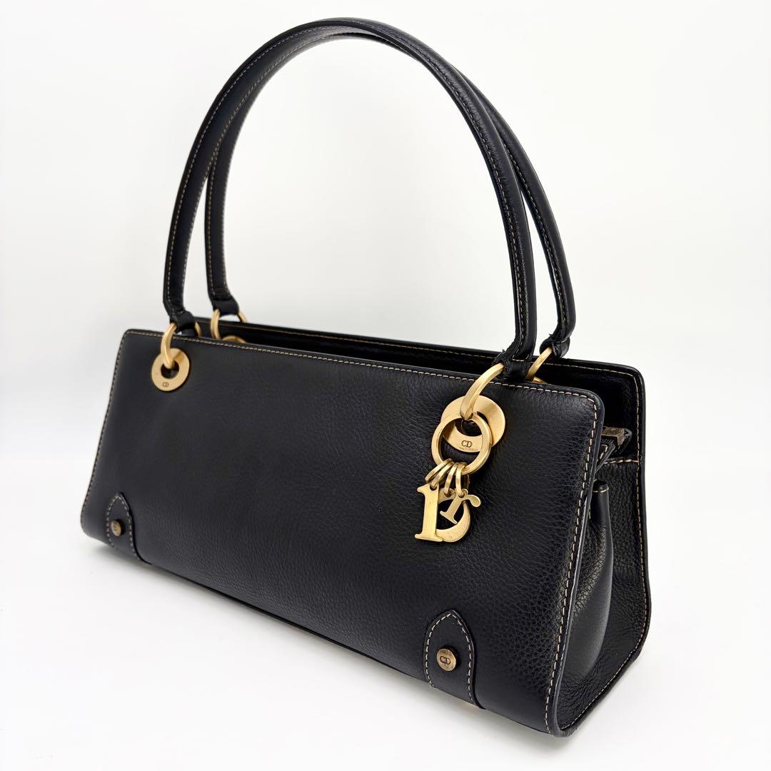 【美品】クリスチャンディオール レザーハンドバッグ 横長 鍵付き ブラック