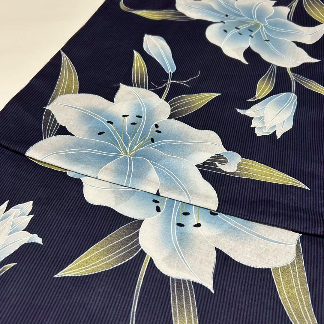 浴衣　大きめサイズ　浴衣 3L 百合　濃紺　帯　2点　新品　未使用　0709④