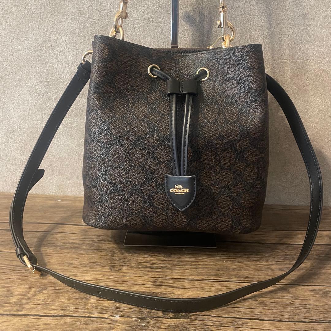コーチ シグネチャー ローアン バケット バッグ ブラウン キャンバス　@
