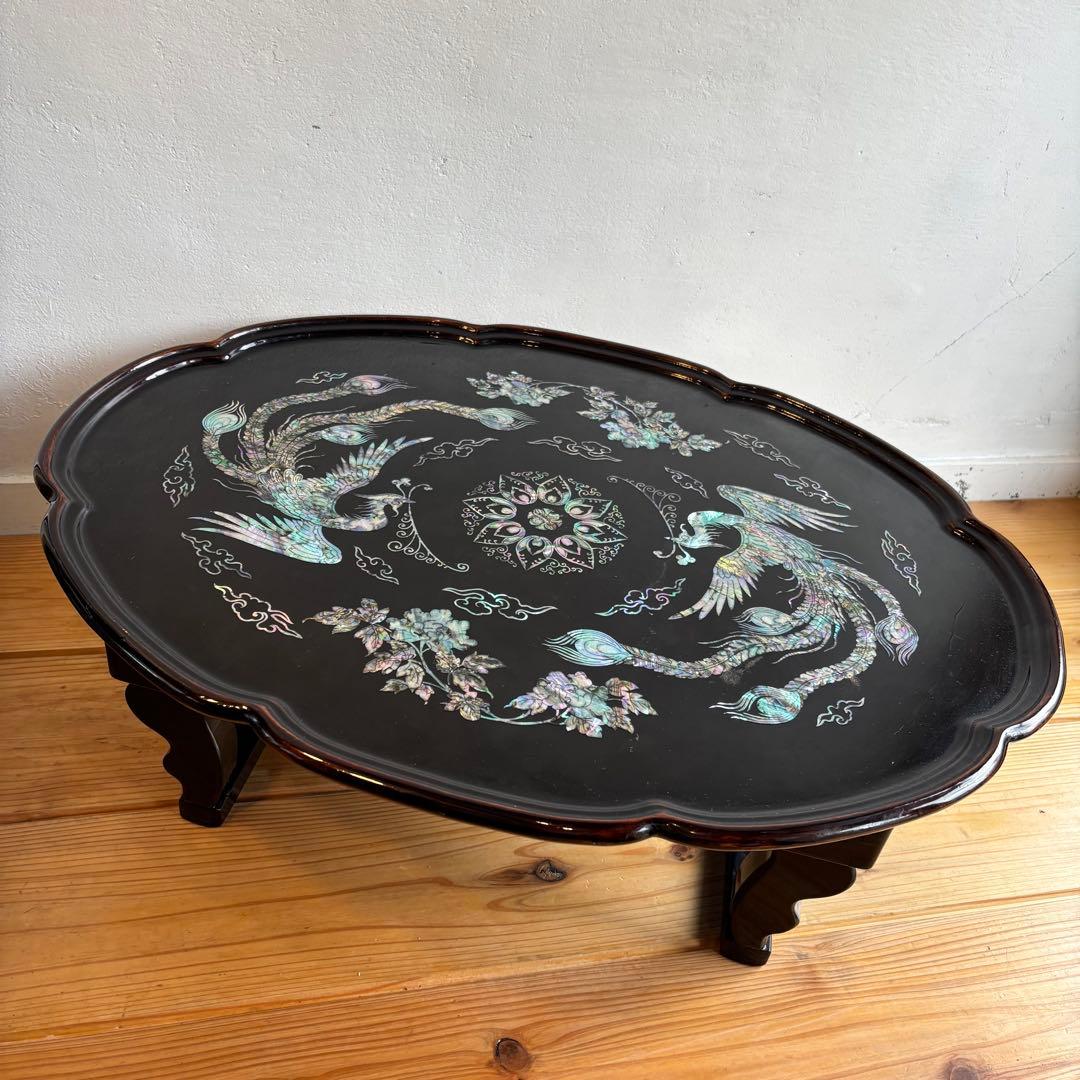 希少　韓国伝統工芸　螺鈿細工　貝殻　ローテーブル　座卓　折り畳み　鳳凰　F40