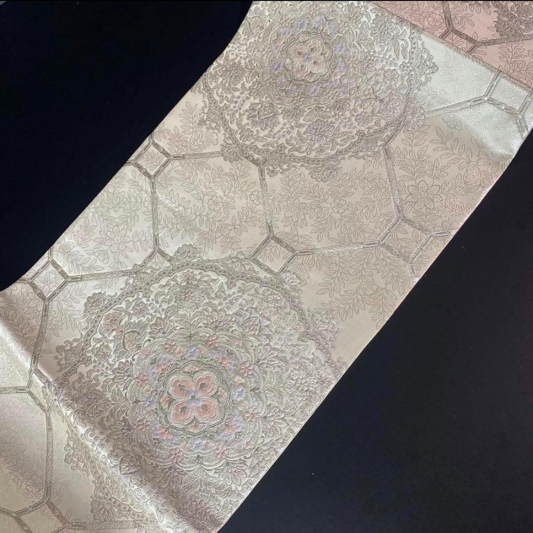 ZY-748 袋帯 吉祥鏡裏華文 銀糸 六通 正絹 白地 名品 逸品 フォーマル