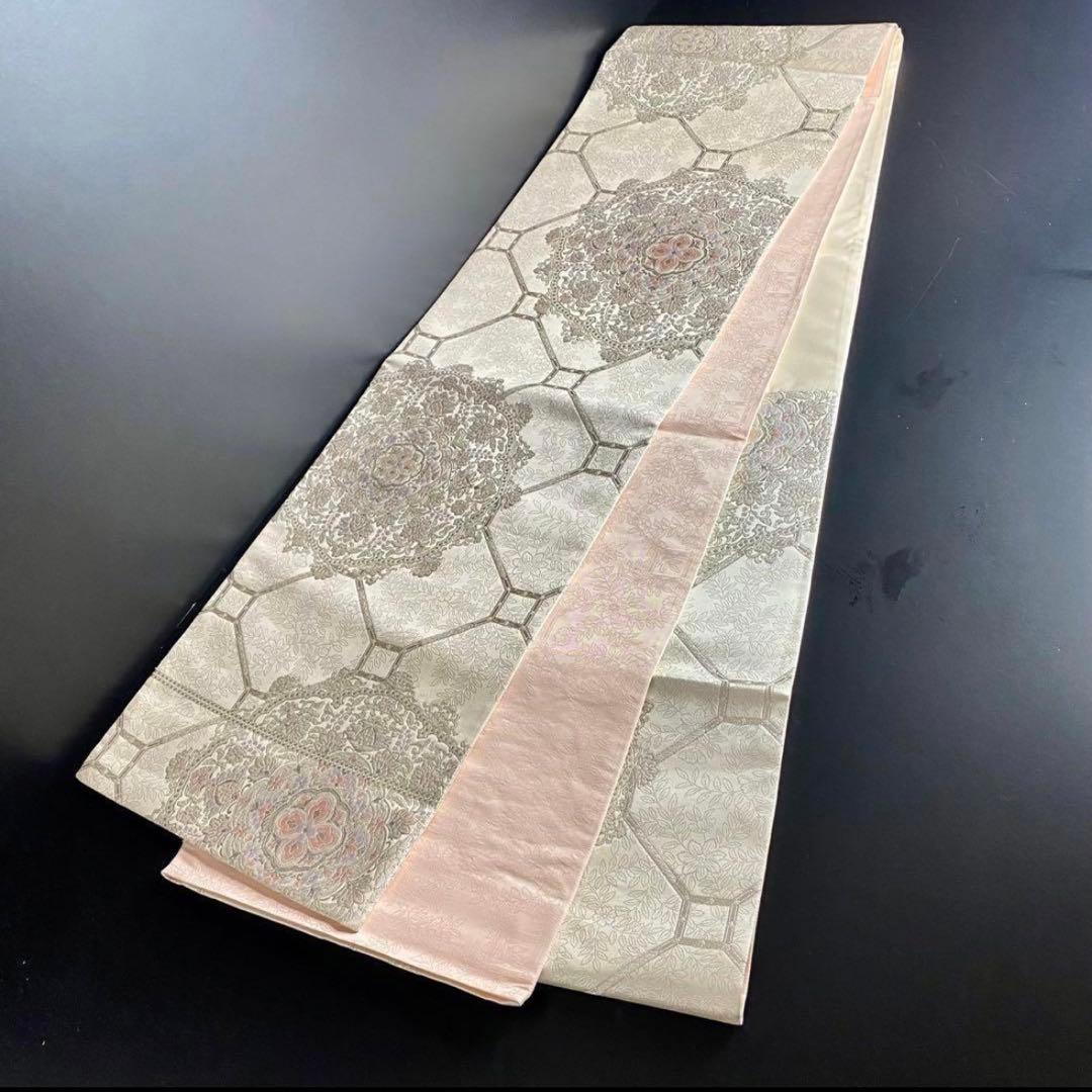 ZY-748 袋帯 吉祥鏡裏華文 銀糸 六通 正絹 白地 名品 逸品 フォーマル