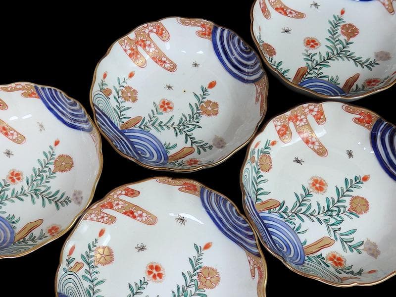 古伊万里　金襴手　撫子に桜花の図　膾皿　５客　D129AS-DAp