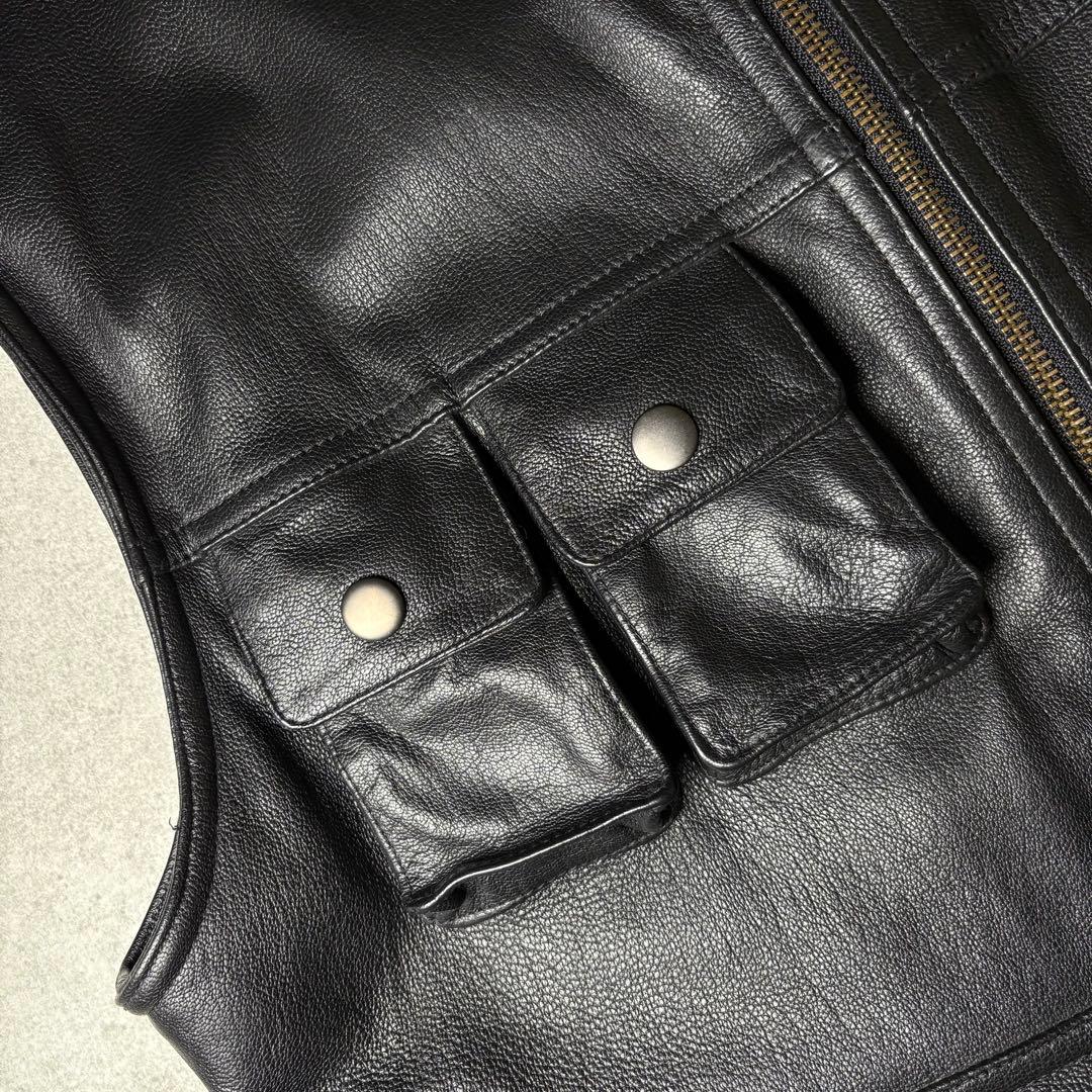 ヴィンテージ　レザーベスト　本革　90s　ギミック　マルチポケット　シンチバック