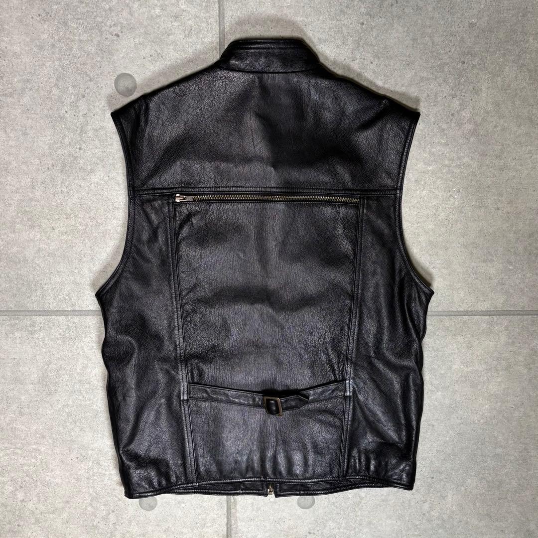 ヴィンテージ　レザーベスト　本革　90s　ギミック　マルチポケット　シンチバック