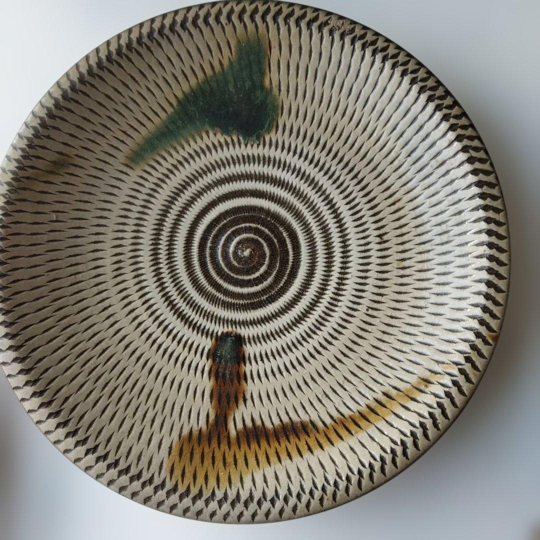 中皿　19cm　4枚　飛び鉋　打ち掛　緑釉飴釉　小石原焼　太田哲三　とびかんな